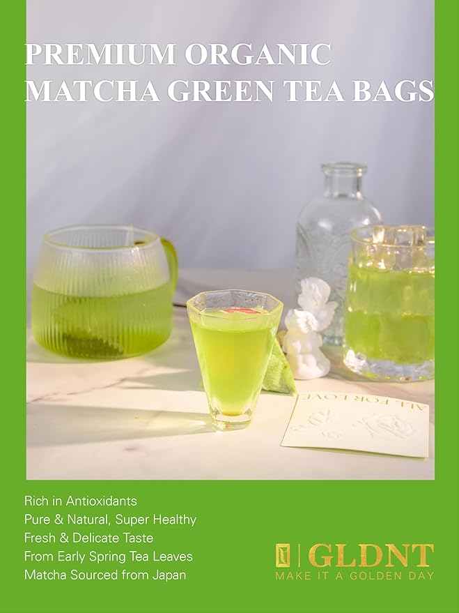 GLDNT Organic Matcha Green Tea Bags, Premium Organic Japanese Matcha + Sencha Green Tea, Rich in Antioxidants, Caffeinated, 100 Count