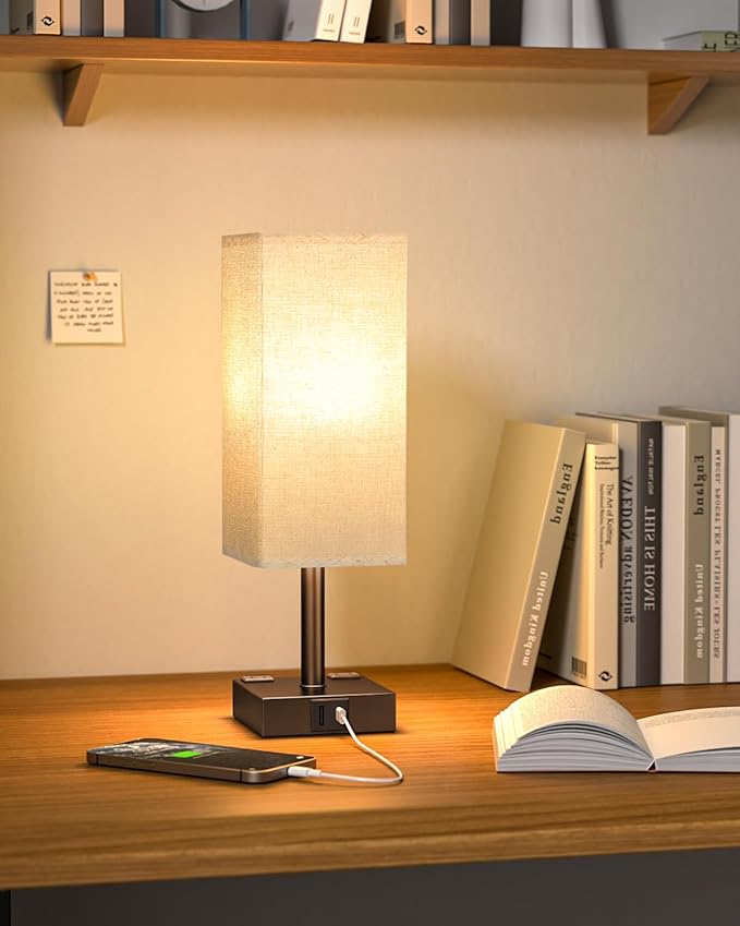 Brown Touch Table Lamp - Bedside Lamp with USB A + Type C Charging Ports and Two AC Outlets, Small Night Stand with E26 LED Bulb, Desk Light for Bedroom Living Room Office Dorm