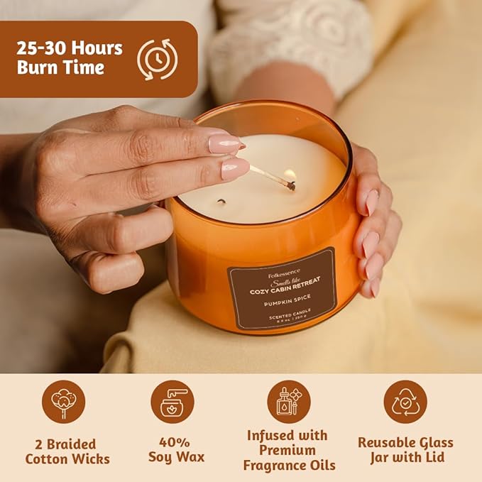 Folkulture Fall Scented Candle | Large 8.81 Oz - Pumpkin Spice| Two Wick Soy Candles | Autumn Non Toxic Candles for Relaxing | Long Lasting for Aromatherapy | Thanksgiving & Holiday Gifts for Women