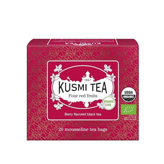 Kusmi Tea - Four Red Fruits - Organic Black Tea - Flavored with Strawberries, Raspberries, Redcurrants & Cherries - Smooth, Flavourful, Caffeinated Tea - 20 Tea Bags