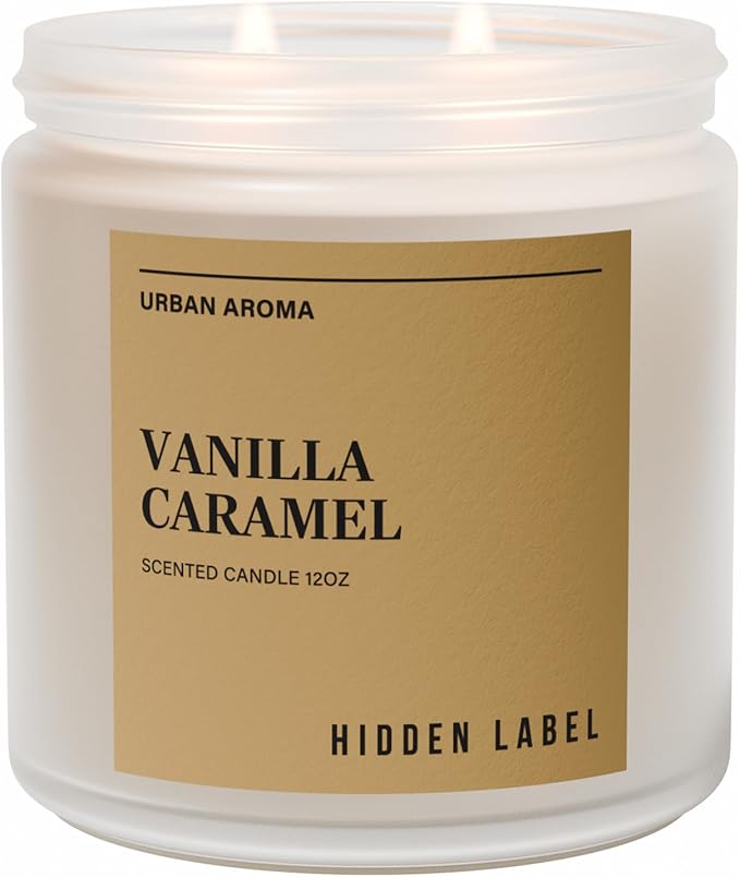 Hidden Label Vanilla Caramel Fall Candles, 12oz 2 Wick Non Toxic Candles for Home Scented, Natural Soy Wax Clean Burning Aromatherapy Candle, 70H Long Lasting for Gifts Stress Relief & Relaxation