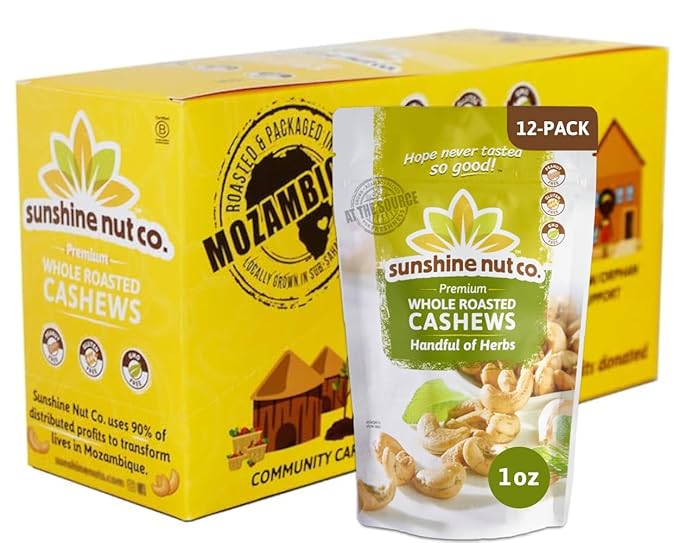 Sunshine Nut Company Whole Roasted Lightly Salted Cashews, Handful of Herbs Flavor, 12-Pack, 1.05 oz. Each, Gluten Free, Peanut Free and Vegan Individual Snack Packs for Kids and Adults, GMO Free