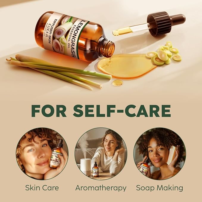 KUKKA Lemongrass Essential Oils - 4 Fl Oz - for Hair, Skin, Diffuser, Aromatherapy & DIY Soap Making Scent