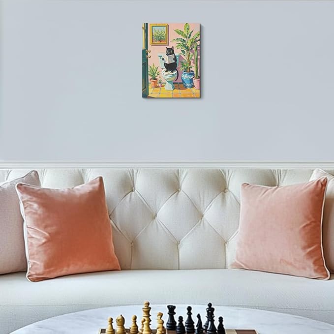 Funny Cat on Toilet Paintings Wall Art, Cat Lover Gifts, Botanical Wallpaper Canvas Framed Prints Modern Decorations, Pink Cute Poster for Living Room Bathroom Entryway Book Shelf Farmhouse