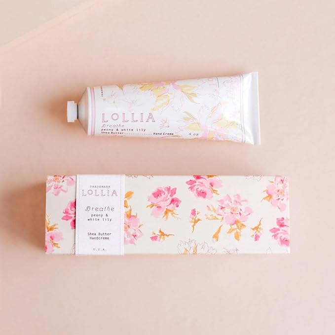 LOLLIA Breath Handcreme, 4 oz, Peony & White Lily Scented Hand Cream for Women, Moisturizing Lotion for Dry Hands, Quick Absorbing Shea Butter & Cocoa Butter, Luxury Purse Essentials