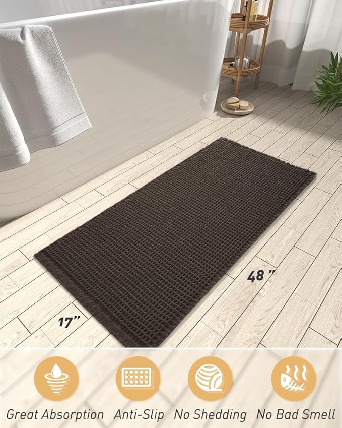 AMOAMI Upgraded Waffle Runner Rug Super Absorbent Non Slip Bath Mats for Bathroom Machine Washable Bathroom Runner Rug with Tassels, Ideal for Hallway Bedroom Laundry Room, Chocolate, 17" x 48"