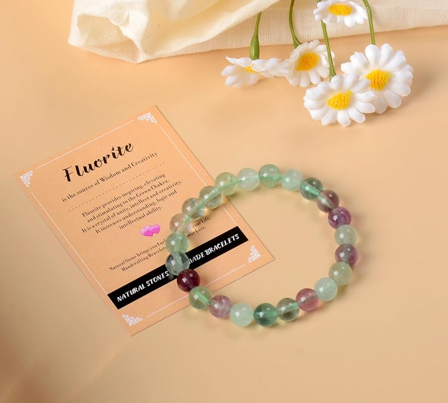 AD Beads Handmade Gemstone Stretch Elastic Bracelet Crystal Healing Reiki Nature's Beauty and Spiritual Essence Unisex (12mm, Fluorite)
