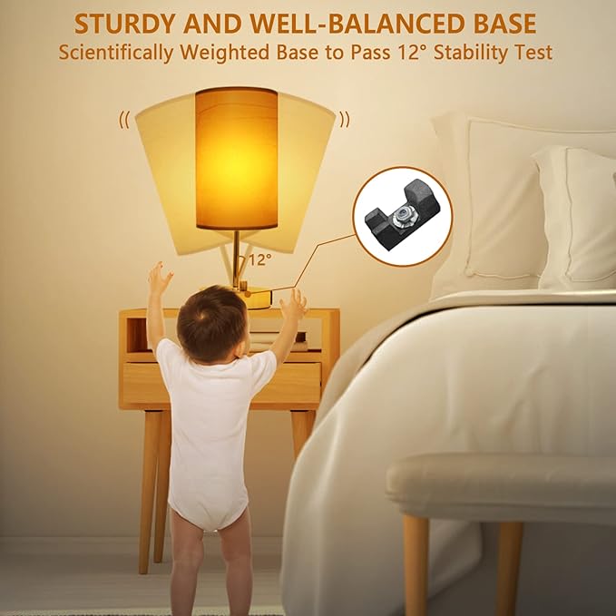 HiBay 17.75" H Dimmable LED Bedside Table Lamp with USB Charging Ports & AC Outlet, Modern Gold Nightstand Light for Bedroom, Office, Living Room, Kids Room, Round Fabric Shade, E26 Bulb Included