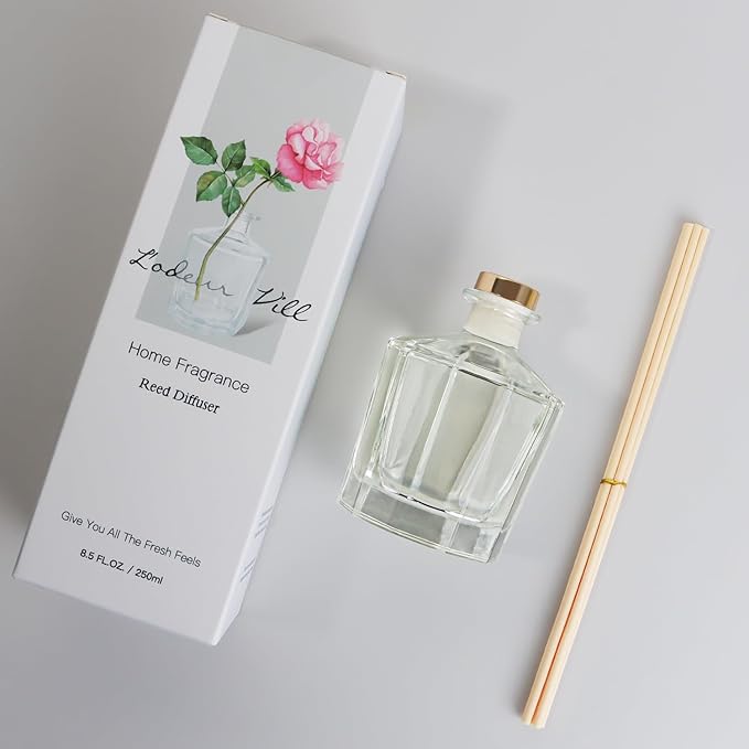 L'odeur Vill Reed Diffuser, 8.5 Oz(250ml) Gardenia Bathroom Diffuser with 10 Sticks, Scented Diffuser Home Fragrance Essential Oil Reed Diffuser Set for Home Large Rooms Bathroom Shelf Decor