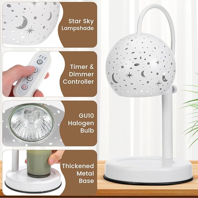 Candle Warmer Lamp with Timer and Dimmer Adjustable Height for Bedroom Decor, Wax Melting Warmer for Jar Candles with 2 Replacement Bulbs Christmas House Warming Gifts