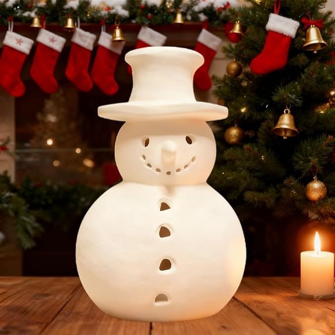 Handmade Terracotta Snowman Decor, White Clay Statue Figurines Snowman, Winter Christmas Decorations Indoor, Unique Style Handcrafted Terra Cotta for Holiday Table Ornaments(M)