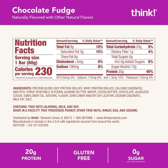 think! Protein Bars, High Protein Snacks, Gluten Free, Kosher Friendly, Chocolate Fudge, Nutrition Bars, 2.1 Oz per Bar, 10 Count (Packaging May Vary)