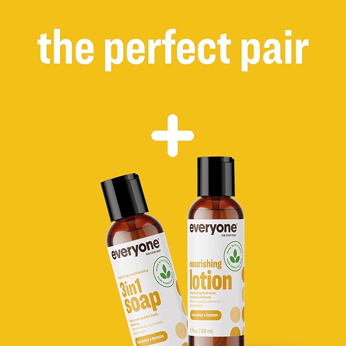 Everyone 2-in-1 Lotion for Hands/Body, Travel Size, 2 ounce (Pack of 12) Coconut and Lemon made with Essential Oils for Men and Women