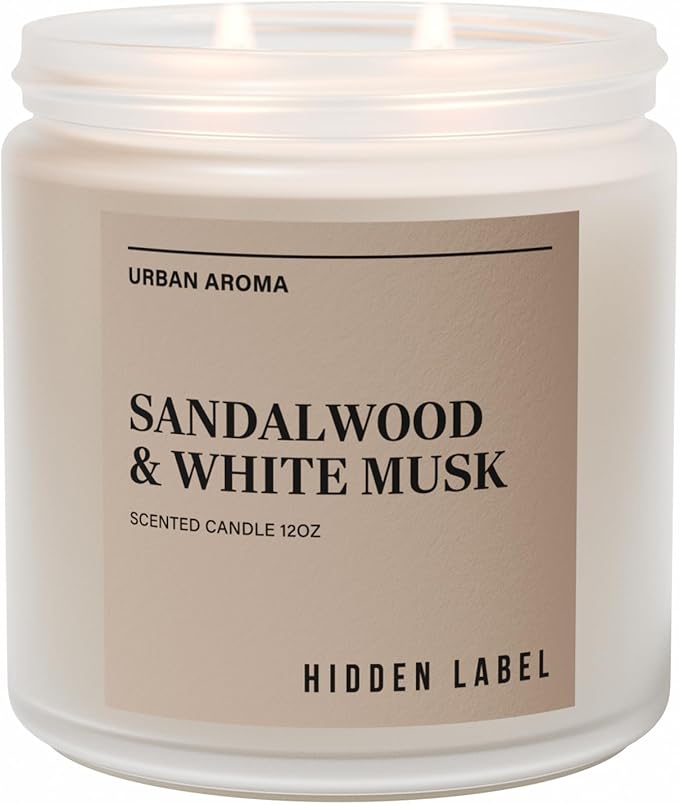 Hidden Label Sandalwood & White Musk Scented Candle - 12oz Natural Soy Non Toxic 70H Burn Time 2 Wick Aromatherapy Candle for Home Decor,Stress Relief & Relaxation