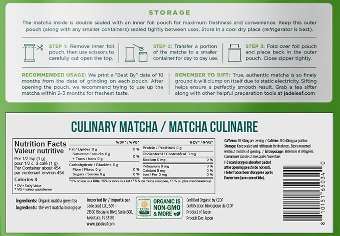 Jade Leaf Matcha Organic Culinary Grade Green Tea Powder - Farm Direct Second Harvest for Blending and Cooking - Authentic Japanese Origin (1 Pound Bulk Resealble Pouch)