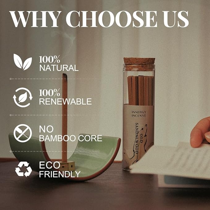 Meditate & Unwind - Innergy Old Sandalwood Incense Sticks, 100% Pure Meditation Incense, 40 Min Burn