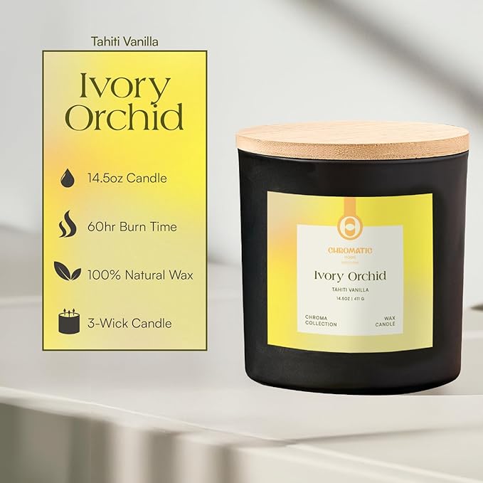 Vanilla Scented Candle for Women, Ivory Orchid 3-Wick Candle for Home Scented with Vanilla, 14.5 oz Coconut Soy Wax Candle with 60 Hour Burn Time