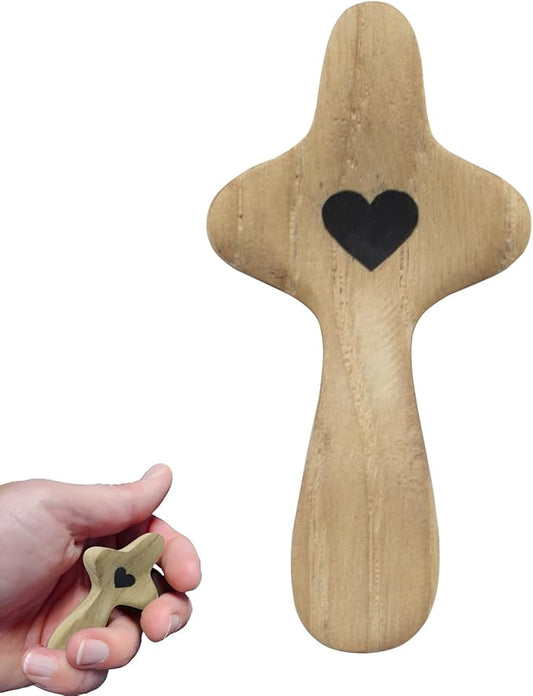Atlodas Cross My Heart, Encouragement Gift, Relieve Anxiety Comfort for Clutching, Clinging and Praying, Pocket Olive Wood Cross Religious Gift for Children and Adults (B, 1Pcs)