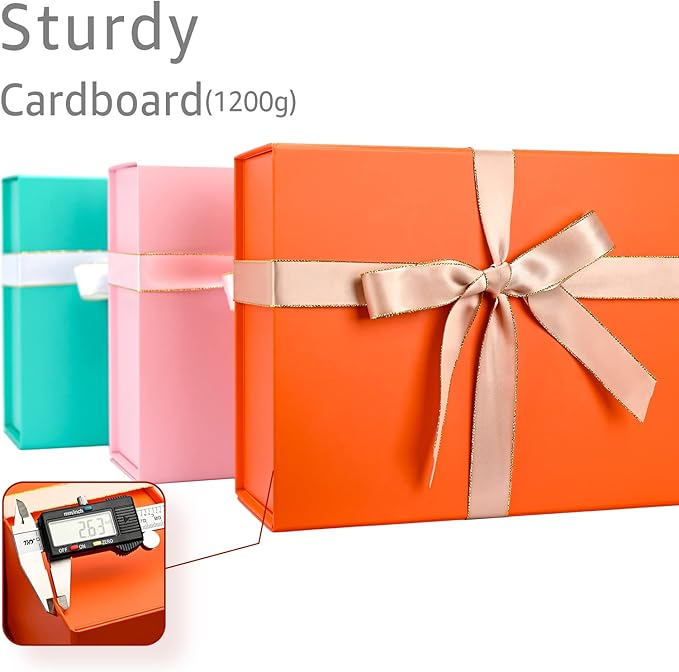 LIFELUM Gift Boxes 13.85 x 8.35 x 4.45 inch 5 Pack Gift Boxes with Lids Contains Card, Ribbon, Shredded Paper Filler (Orange)