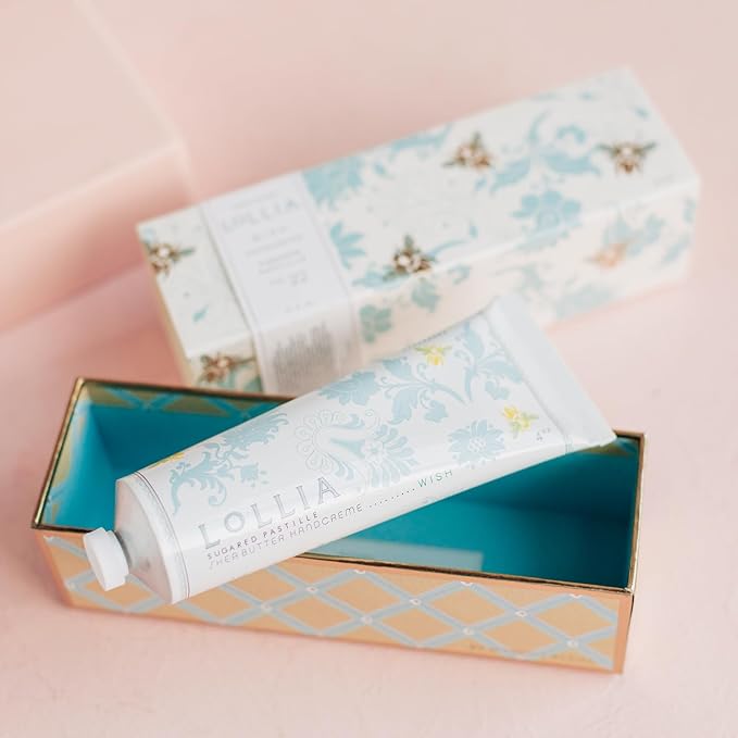 LOLLIA Wish Handcreme, 4 oz, Sugar Cane, Vanilla Bean, & Jasmine Scented Hand Cream for Women, Moisturizing Lotion for Dry Hands, Quick Absorbing Shea Butter & Cocoa Butter, Luxury Purse Essentials