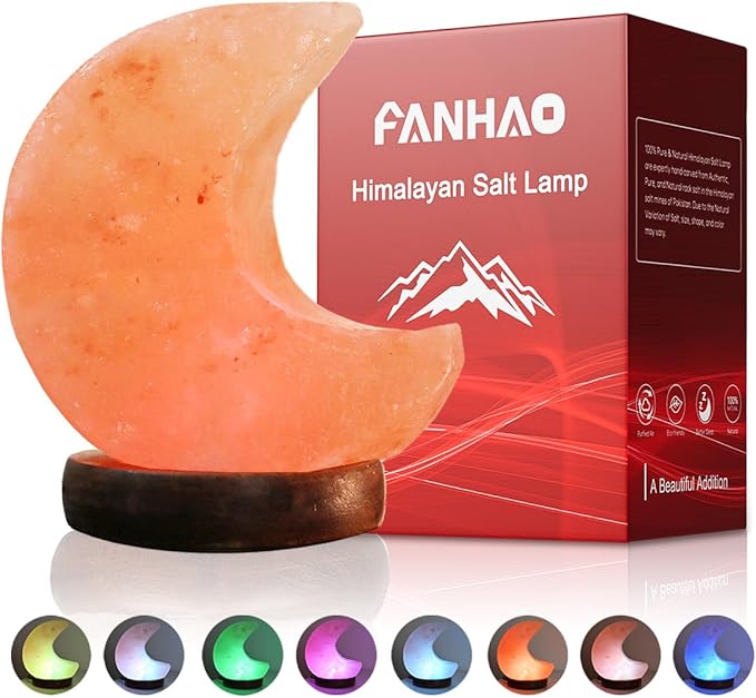 FANHAO Himalayan Salt Lamp, 100% Authentic Natural Hand Carved Moon Pink Crystal Rock Salt with 8 Color Changing, USB Salt Rock Lamp Night Light for Home Decor and Gift, Neem Wooden Base