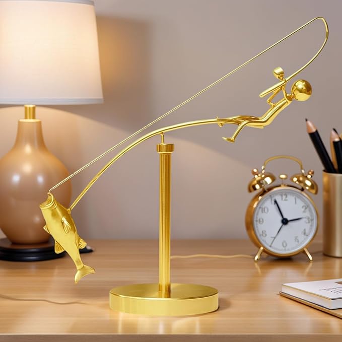 Kinetic Fishing Sculpture, Balance Art for Your Space, Metal Fishing Statue Home Office Desktop Ornament for Home Office Art Deco-D