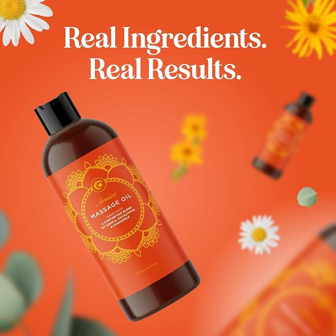 Arnica Massage Oil for Muscle Relaxing - Comforting Sore Muscle Massage Oil for Full Body Relief with Soothing Chamomile Lavender Peppermint & Rosemary Essential Oils - Vegan & Non GMO (16 Fl Oz)