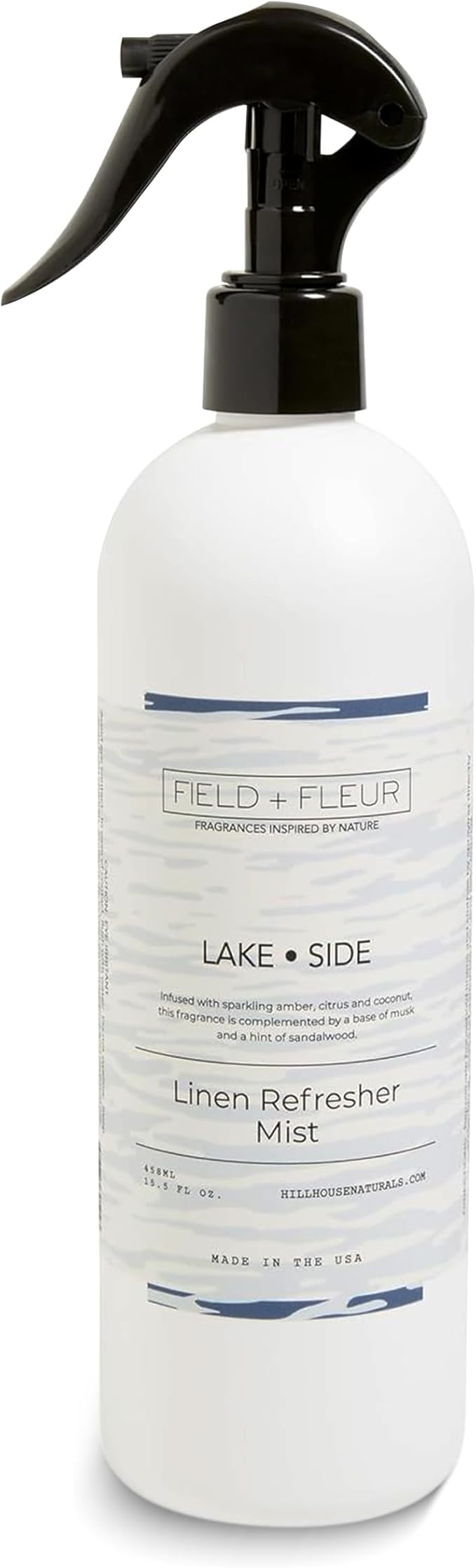 FIELD FLEUR Lake Side Linen & Room Spray 15.5 oz - Aromatic & Refreshing Bedding & Fabric Mist – Air Freshener for Clothes & Sofas - Notes of Amber, Citrus, Coconut, Musk & Sandalwood - Made in USA