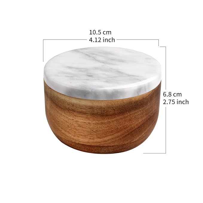 Large Wood Salt Box Salt cellar with Spoon Spice Salt Container salt holder Solid Natural Acacia Base White Grey Marble Lid Decorative Box Bowl Big Capacity Salt Cellar Spice Cellar
