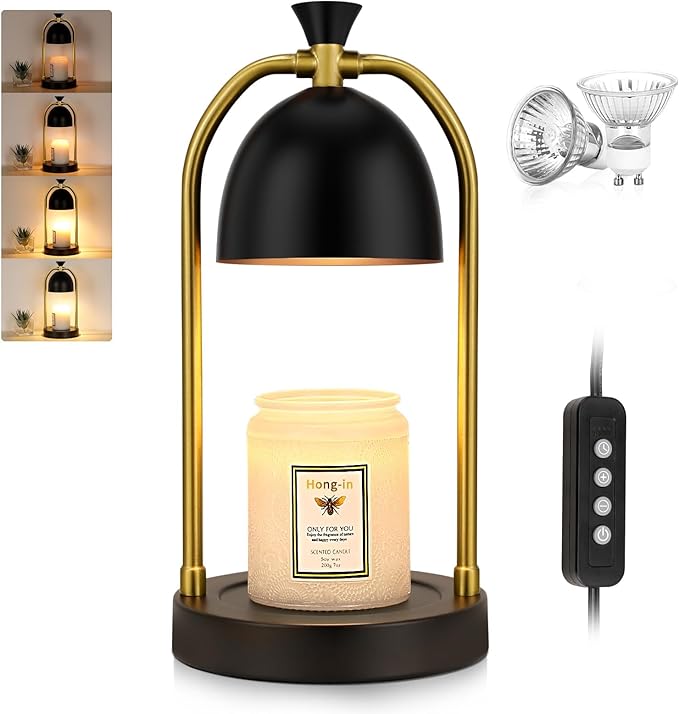 Hong-in Candle Warmer Lamp - with Timer & Dimmable, Cozy Birthday Gift for Women Mom, Modern Home Decor House Warming Gifts Wax Melt Warmer for Jar Candles with 2 Bulbs (Black)