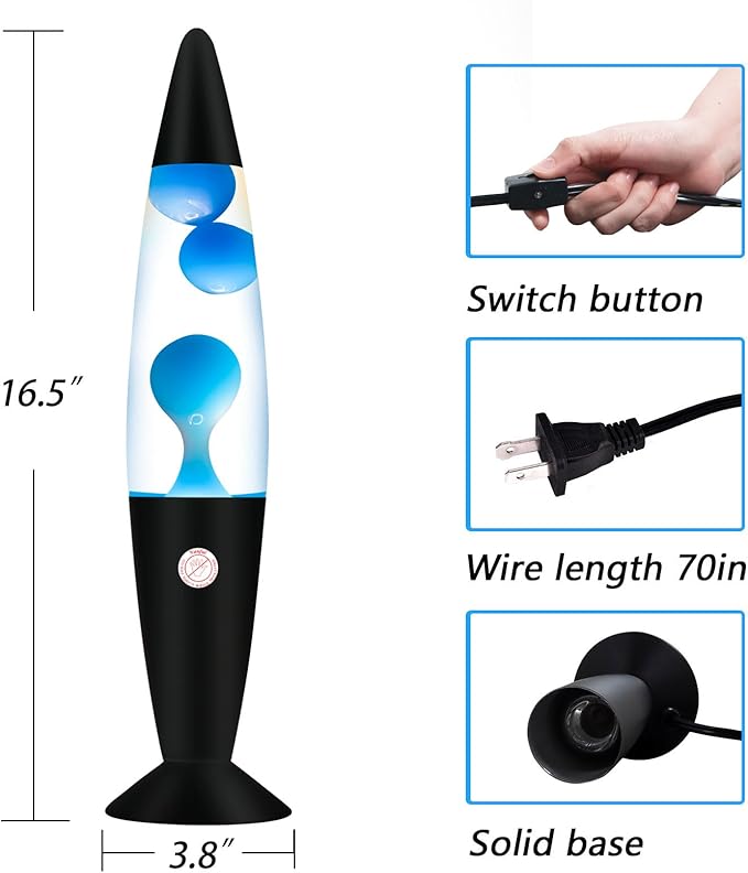 Blue 16 Inches Magma Liquid Motion Lamp with Black Base, Glitter Lamps for Adults and Kids Charged by Cord Night Light Cool Room Christmas Thanksgiving Day Decor for Kids Teen Girls Boys