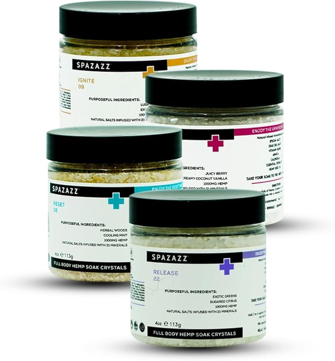 Spazazz Hot Tub Aromatherapy Full Body Hemp Soak Collection Sampler Pack - 4oz 1000 mg Hemp Spa Aromatherapy Hot Tub Bath Salt Crystals 4 Pack: Release 22, Reset 06, Unwind 17, Ignite 09