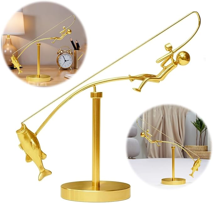 Kinetic Fishing Sculpture, Balance Art for Your Space, Metal Fishing Statue Home Office Desktop Ornament for Home Office Art Deco-D