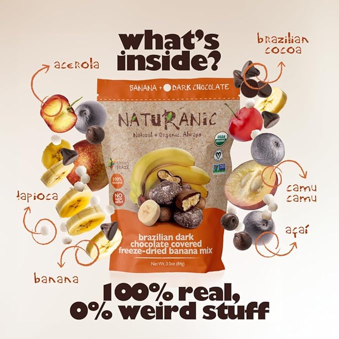 Naturanic Brazilian Dark Chocolate Covered Freeze-Dried Banana Snack, Gluten Free, No sugar, All Natural, Organic, Vegan - Pack of 2