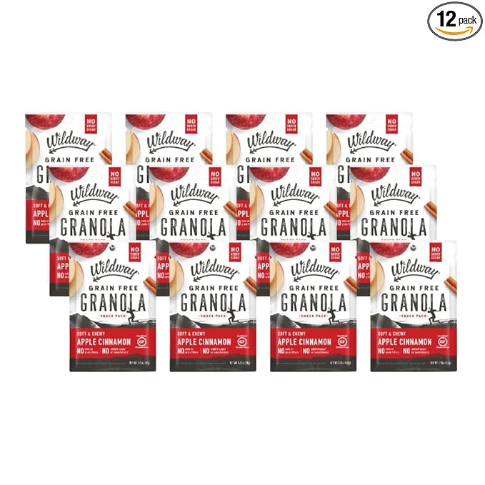 Wildway Keto Granola Snack Packs| Apple Cinnamon | Grain-Free Certified Gluten-Free Cereal | Vegan, Low Carb & No Sugar Added | Paleo-Friendly, Non-GMO Fruit & Nut Clusters | Nutrient-Rich | 12 Pack