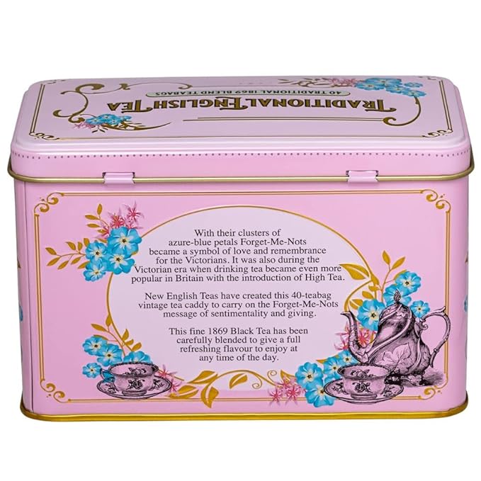 New English Teas Vintage Victorian Tea Tin with 40 Fine 1869 Blend English Teabags (Pink)