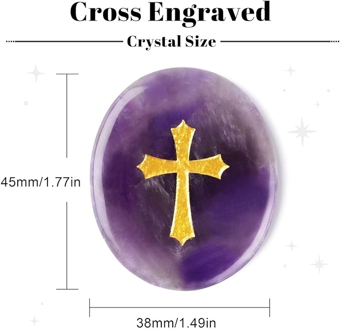 LAIDANLA Amethyst Cross Engraved Healing Crystal Worry Stones for Pray Faith Anxiety Relief Oval Palm Stone Polished Natural Crystal Gifts