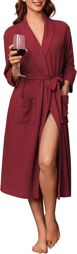 Ekouaer Robes for Women Long Waffle Knit Bathrobe Lightweight Kimono Robe Soft Shawl Collar Spa Robes with Pockets S-XXL