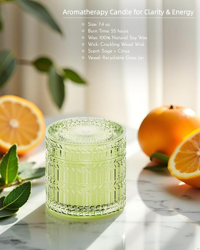 Sage Citrus Scented Candles, Crackling Wood Wick Soy Candle, 7.4 oz Natural Candles Non Toxic, 55 Hours Clean Burn | Aromatherapy Candle | Gift-Ready for Hosts & Gatherings