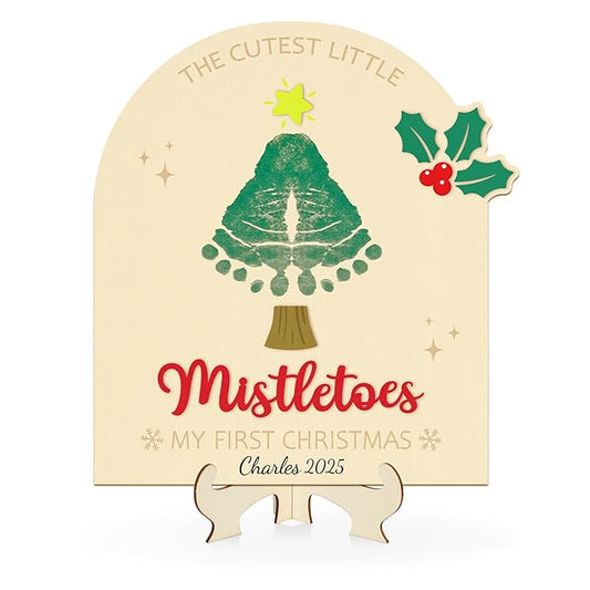 Sereliy Baby's First Christmas DIY Footprint Art Card, Wooden Christmas Tree Sign Keepsake Ornaments for Baby Shower Newborn Photoshoot Prop (Tree)