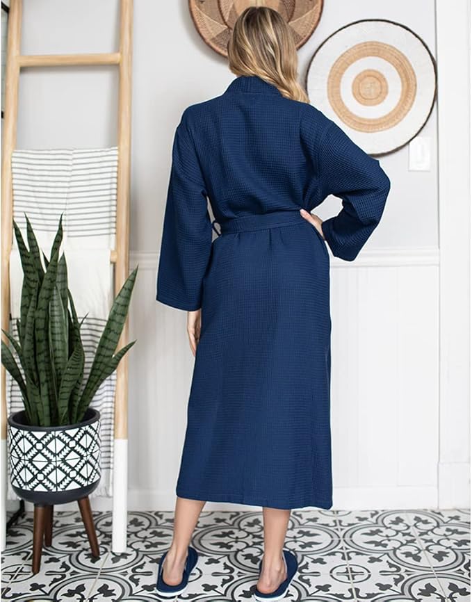 Lotus Linen Waffle Robes for Women - Lightweight Cotton Kimono Bathrobe - Long Soft Spa Bath Robe