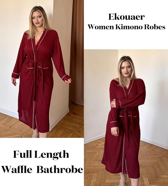 Ekouaer Robes for Women Lightweight Knit Waffle Bathrobe Full Length Kimono Casual Ladies Loungewear
