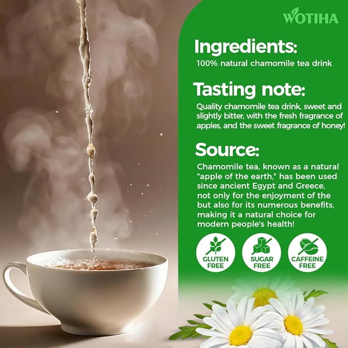WOTIHA-Natural Chamomile tea 99.75g. 100% Natural Chamomile Herbal Tea.Non-GMO • Additive-Free • Caffeine-Free • Sugar-Free • Vegan