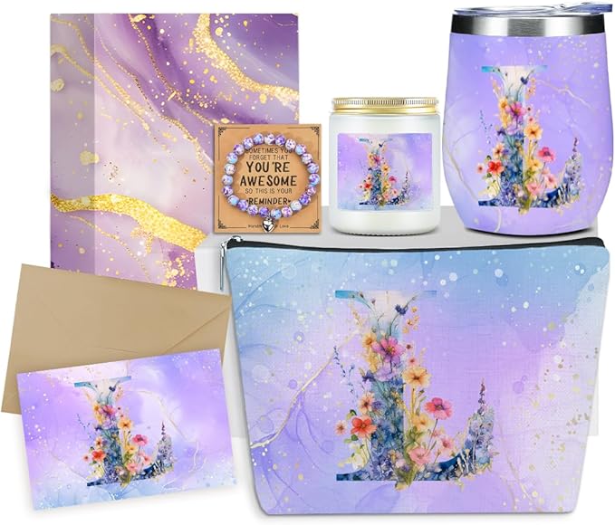 Personalized Gifts Monogrammed Birthday Gifts for Women, Mama New Mom Thanksgiving Wedding Christmas Initial Wine Tumbler Makeup Bag Scented Candle Bracelet Set, (Aesthetic Purple Flower L)