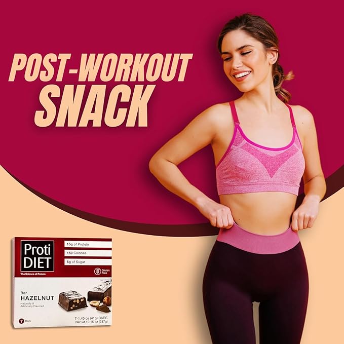 ProtiDIET Hazelnut Chocolate High Protein Bars- No Trans Fat, GMO Free, Gluten-Free Bars, Perfect On-The-Go Healthy Protein Snack - 7 Protein Bars Per Box