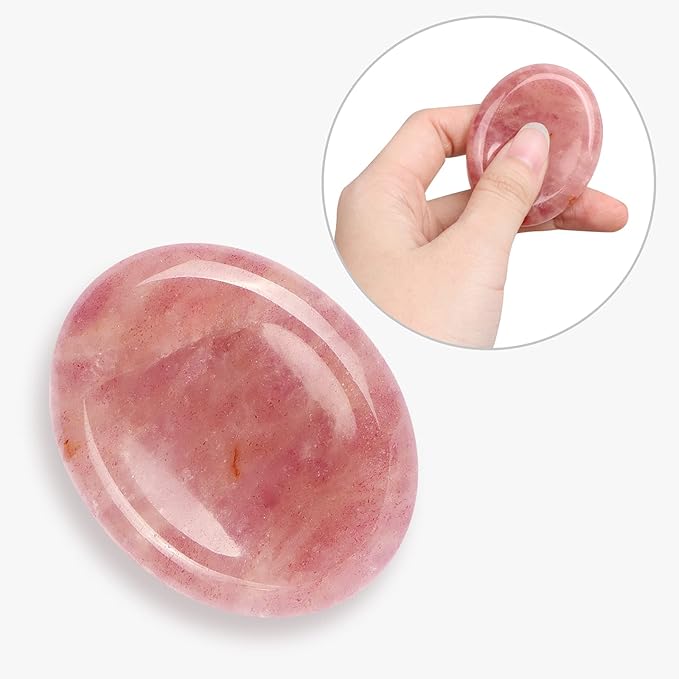 2" Strawberry Quartz Worry Stone Cherry Palm Stones Healing Crystals for Anxiety Meditation Thumb Stone Witchy Strawberry Decor Gift