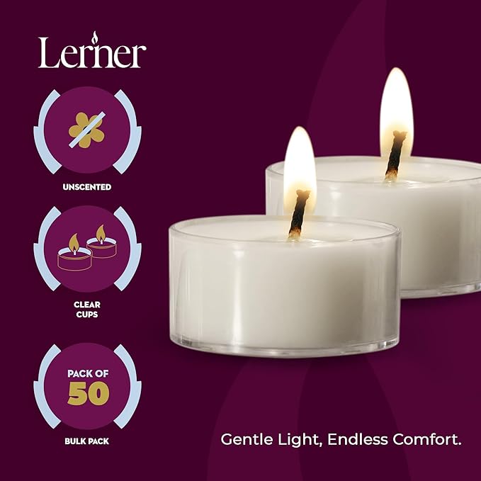 Lerner Clear Tea Lights Candles Bulk - 4.5 Hour Clear Cup Tealight 100 Pack - Consistent Smkless Clean Burning - Holiday, Wedding, Spa, Emergency and Home Decoration Candles