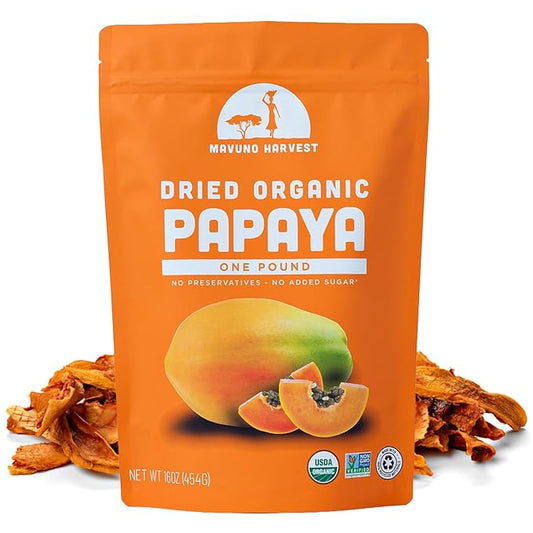 Mavuno Harvest Papaya Dried Fruit Snacks | Organic Dried Papaya Slices | Gluten Free Healthy Snacks for Kids and Adults | No Sugar Added, Vegan, Non GMO, Direct Trade | 1 Pound Resealable Bag