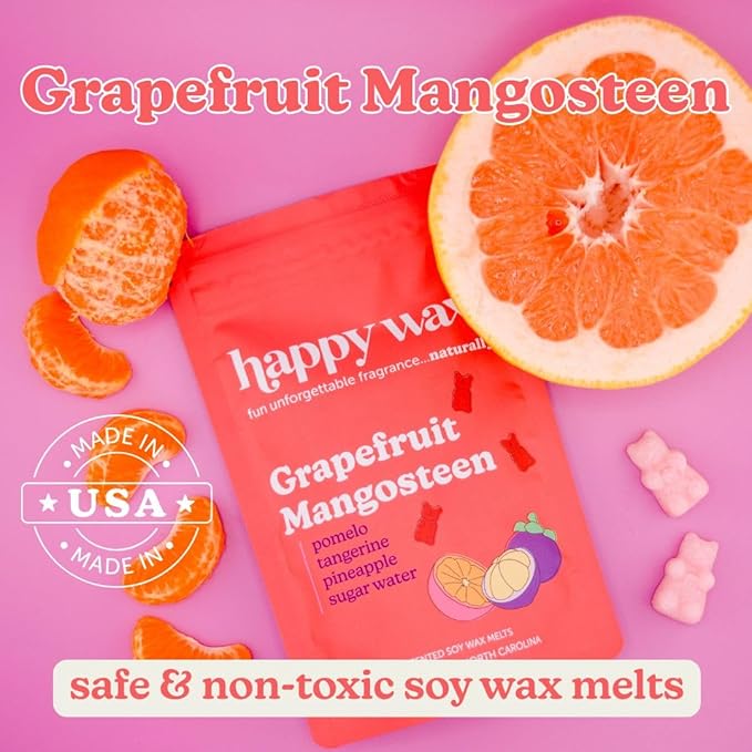 Happy Wax Grapefruit Mangosteen Scented Bear Wax Melts - Natural Strong Scented Summer Wax Melts Infused w/Essential Oils - Non Toxic Wax Melt & Pet Safe Wax Melts - (8 oz Pouch)