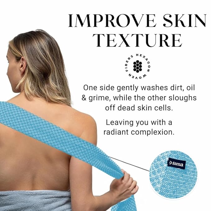 Exfoliating Washcloth Face & Body Scrub Towel - Japanese Exfoliating Towel with Hexagon Fibers, Body Scrubber with 2 Sides for Scrubbing & Washing, Extra Long Body Towel (Blue)
